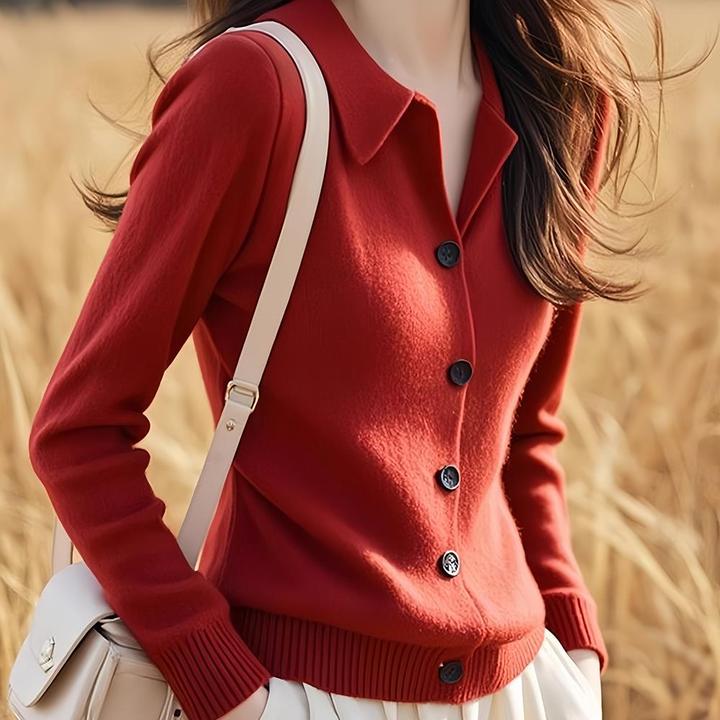 红色翻领毛衣针织开衫女款2024新款深秋初冬穿搭高级感超好看上衣