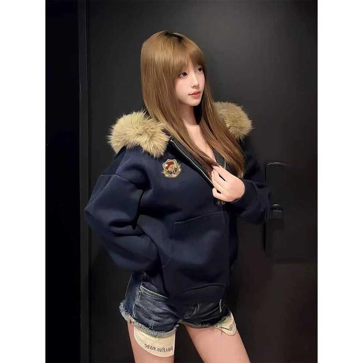 HandSeven春秋新款休闲连帽卫衣外套耳朵毛领开衫外套百搭上衣