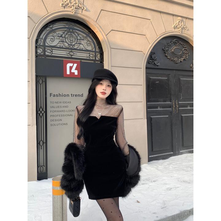 超火的气质辣妹性感拼接修身连衣裙高贵上档次女装富贵千金感裙子