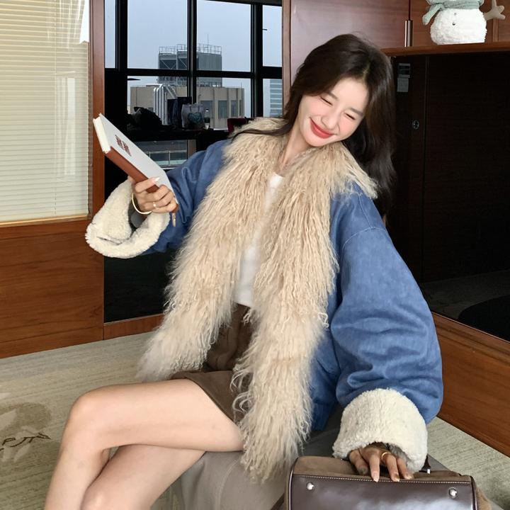 牛仔蓝撞色仿皮毛一体羊羔毛外套女秋冬2025新款小个子短款超好看