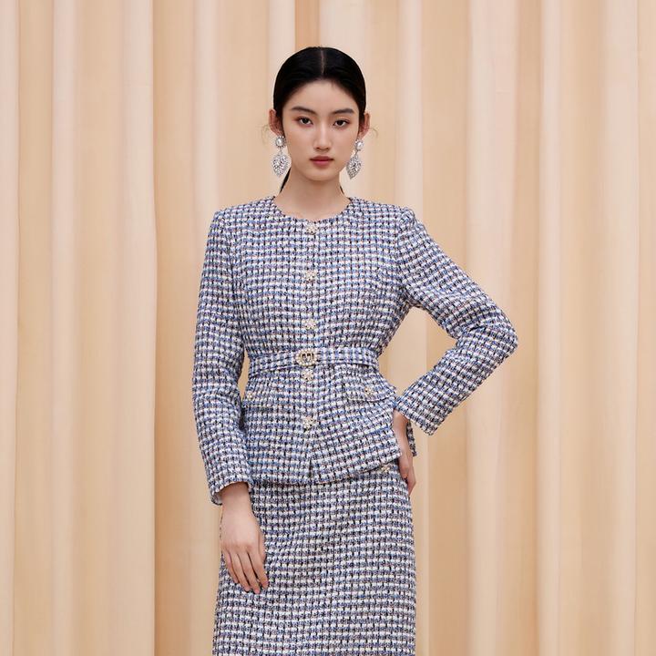 LIME/莱茵【循迹真我】冬季名媛粗花呢上衣巴黎蓝色LDGD9ACCJ317