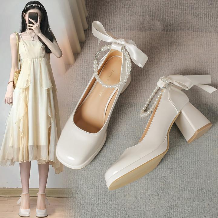 ZHR则则玛丽珍鞋女2025夏季新款法式仙女风高跟鞋粗跟蝴蝶结单鞋