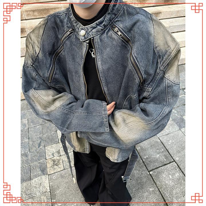 复古座山雕立领拉链重工拼接水洗做旧有垫肩牛仔夹克外套男宽松