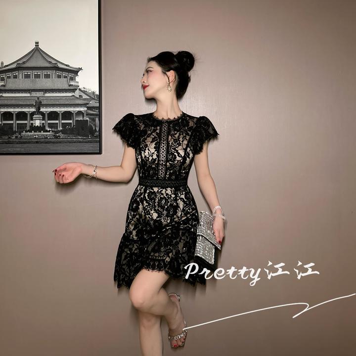 Pretty小众设计师品牌江江定制 气质性感黑色蕾丝修身连衣裙21808