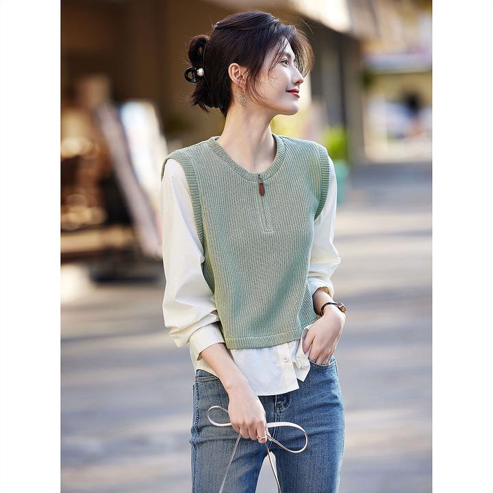 时尚气质圆领卫衣女春秋复古针织马甲拼接衬衫假两件显瘦百搭上衣