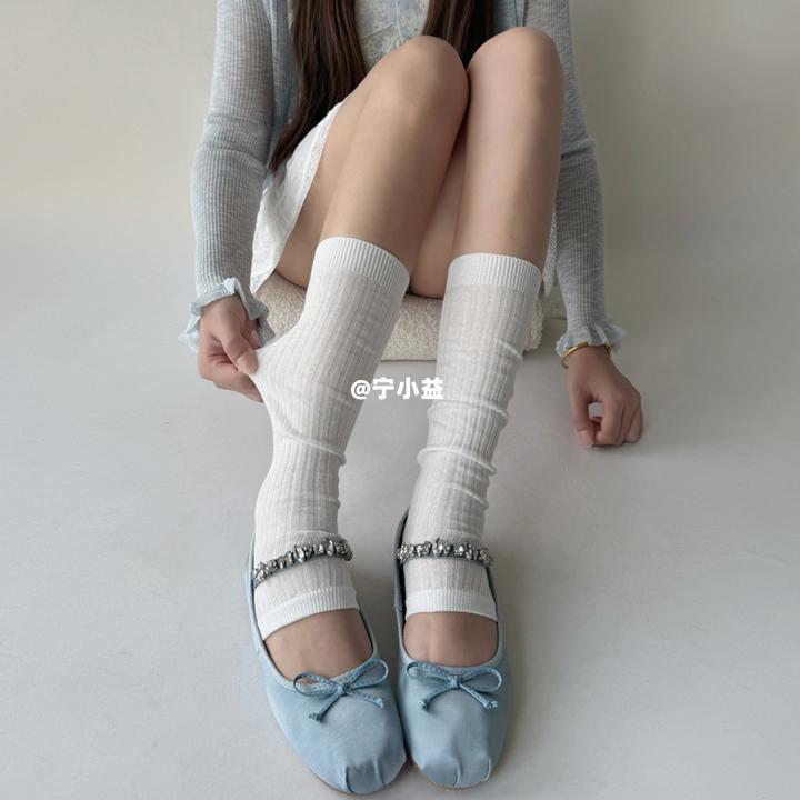 宁小益 竖条踩脚袜套春秋薄款纯色miu系袜子女夏显瘦芭蕾风堆堆袜