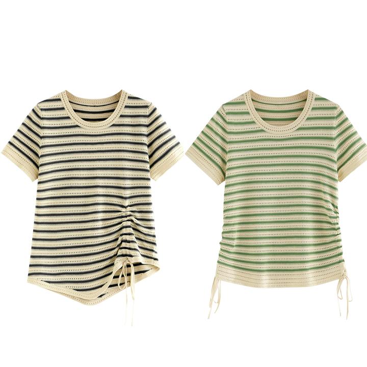 【Double】夏季新款孕妇条纹短袖针织时尚百搭T恤圆领撞色显瘦简约