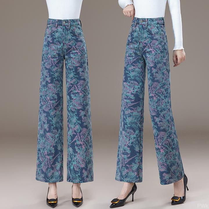 加绒加厚时尚印花阔腿牛仔裤女2025冬季韩版高腰宽松显瘦百搭长裤