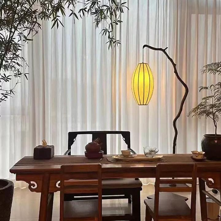 侘寂复古风树枝新中式落地灯茶室书房卧室禅意氛围灯笼布艺钓鱼灯