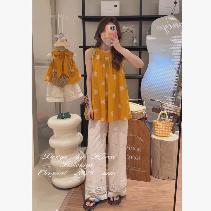 【黄油可露丽】二Hihoniya~2025夏季亲子黄色挂脖钩花轻薄透气套装