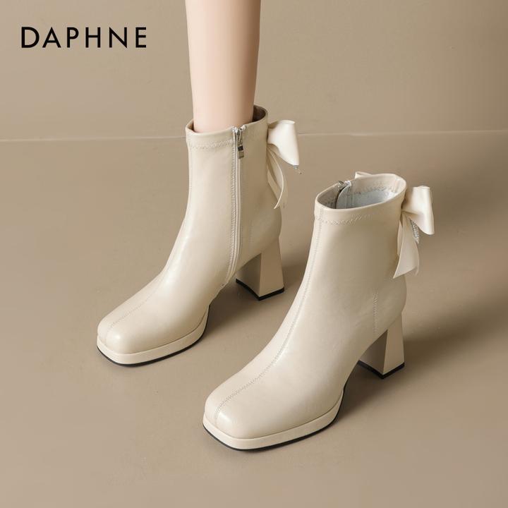 达芙妮新款法式时装靴女款2025秋季粗跟蝴蝶结瘦瘦靴爆款百搭短靴