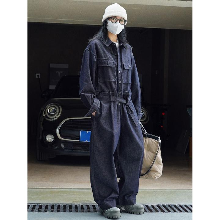 卢浮春季新款韩版街头感工装风牛仔连体裤宽松系带休闲连体衣裤女