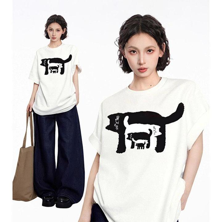 白色宽松印花圆领夏季休闲百搭透气时尚潮流美式复古纯棉针织半袖