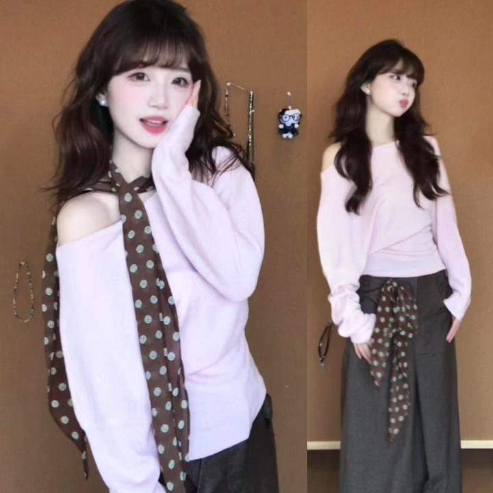 2025早秋新款韩系穿搭氛围感斜肩粉色上衣搭配阔腿裤显瘦两件套女