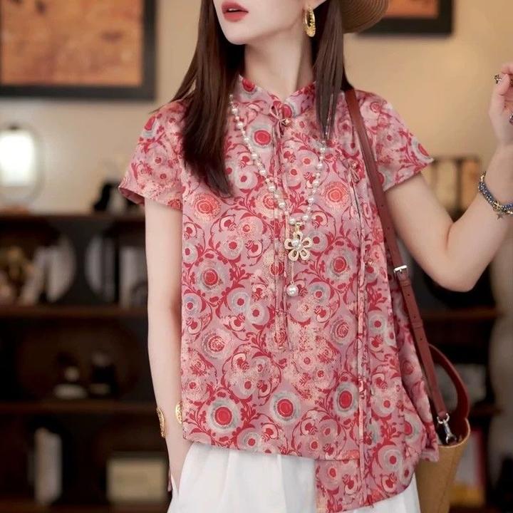 新中式国风提花盘扣时尚衬衫女2025夏季减龄宽松百搭立领短袖上衣