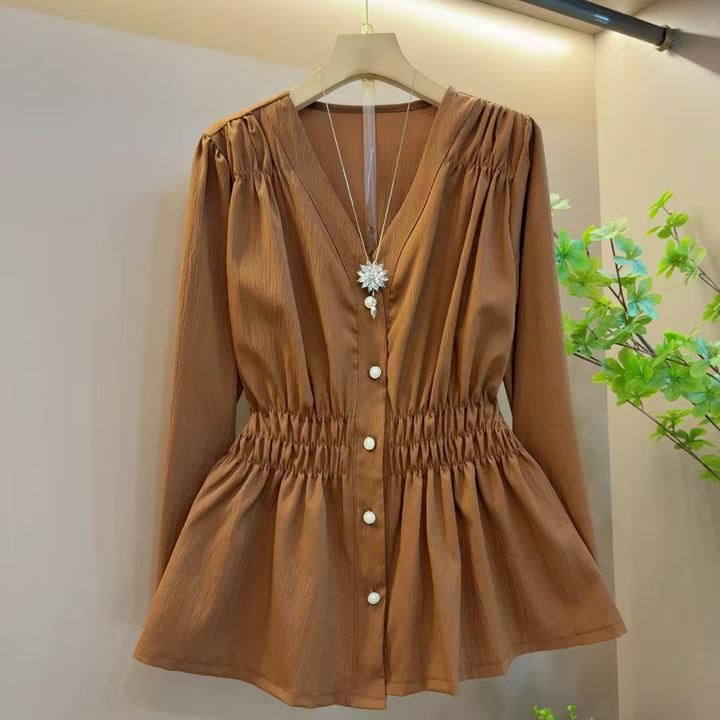 春款V领时尚褶皱气质收腰减龄显瘦上衣（长67左右）