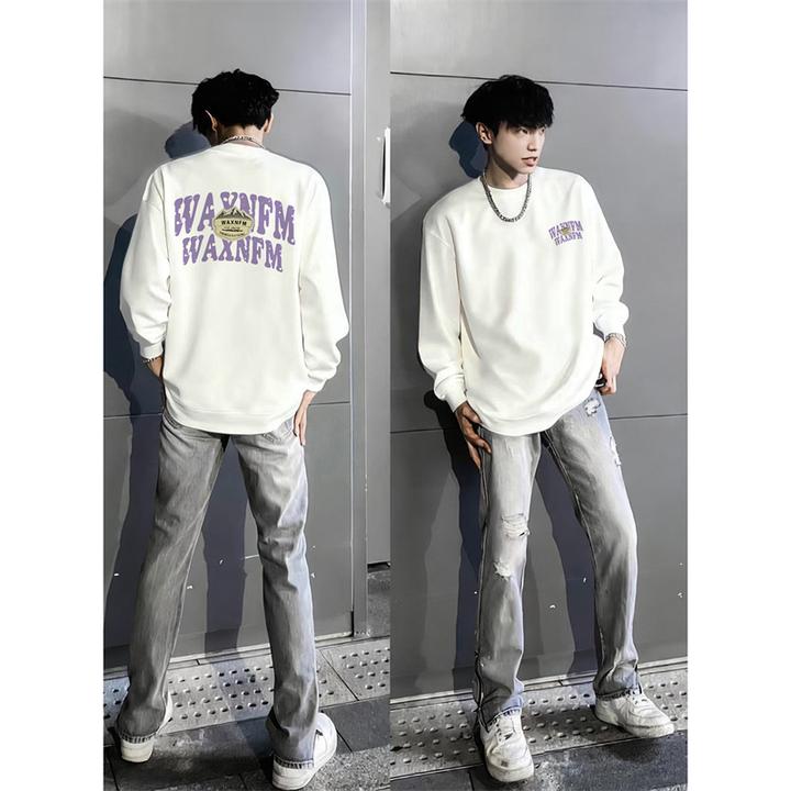 潮牌复古字母印花束口长袖T恤男早春宽松重磅打底衫时尚纯棉上衣