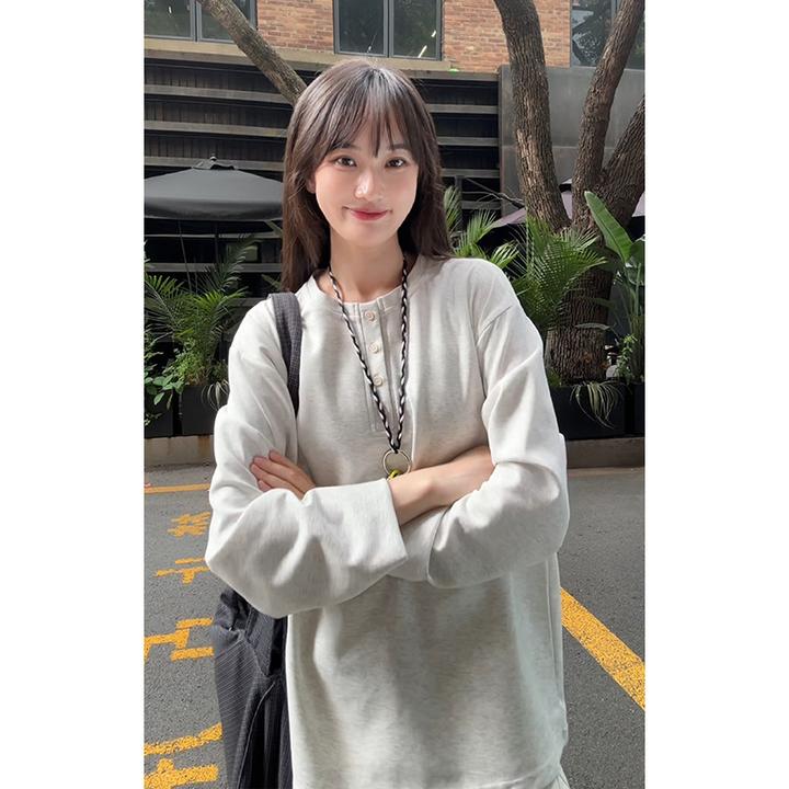 松弛感老钱风亨利领长袖t恤男女秋季cleanf男士男条纹长袖t恤