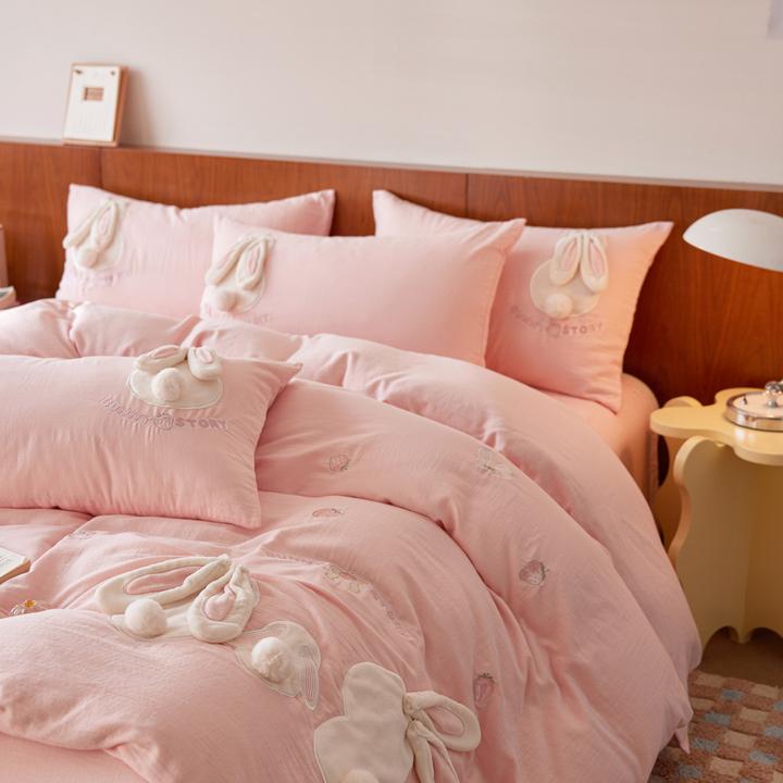 超软糯~公主风A类双层纱全棉四件套可爱兔子被套纯棉裸睡床上用品