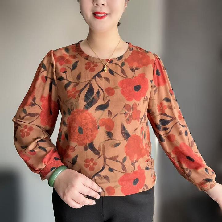 春季长袖8分袖时尚洋气圆领缎面宽松上衣短袖小衫百搭