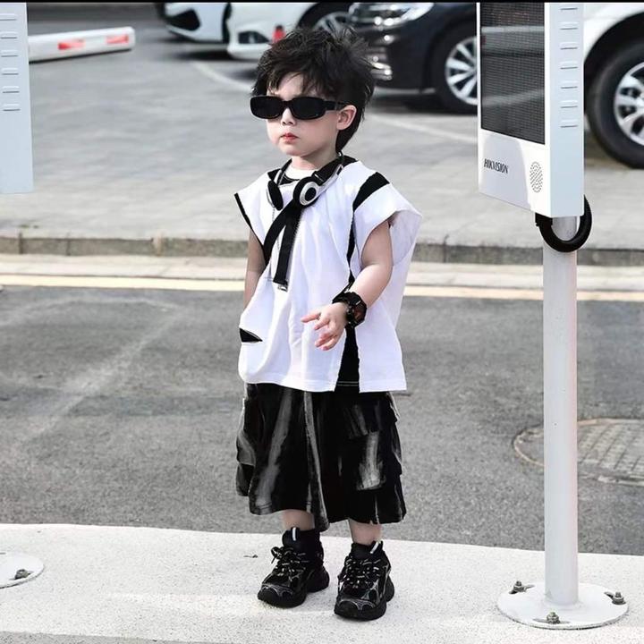 戴维贝拉新款辣妹风男童韩版短裤套装宝宝扎染无袖两件套帅气童装