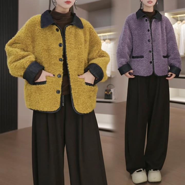 小香风撞色翻领加厚外套女冬季2025新款韩版小个子减龄百搭上衣