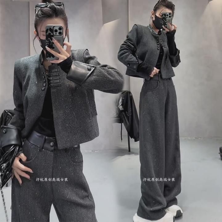 时尚套装女春秋季新中式重工拼接亮片短款外套阔腿裤两件套潮衣服