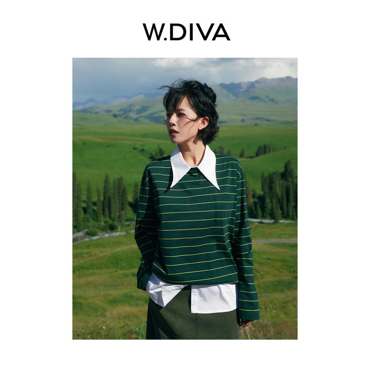 W.Diva【松针迹】纯棉复古山系风条纹单口袋圆领T恤慵懒风53Z282762