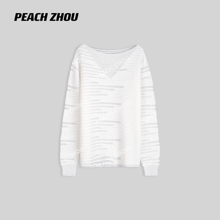 『PEACHZHOU』羊毛混纺毛织不规则镂空宽松圆领针织衫休闲洋气罩衫