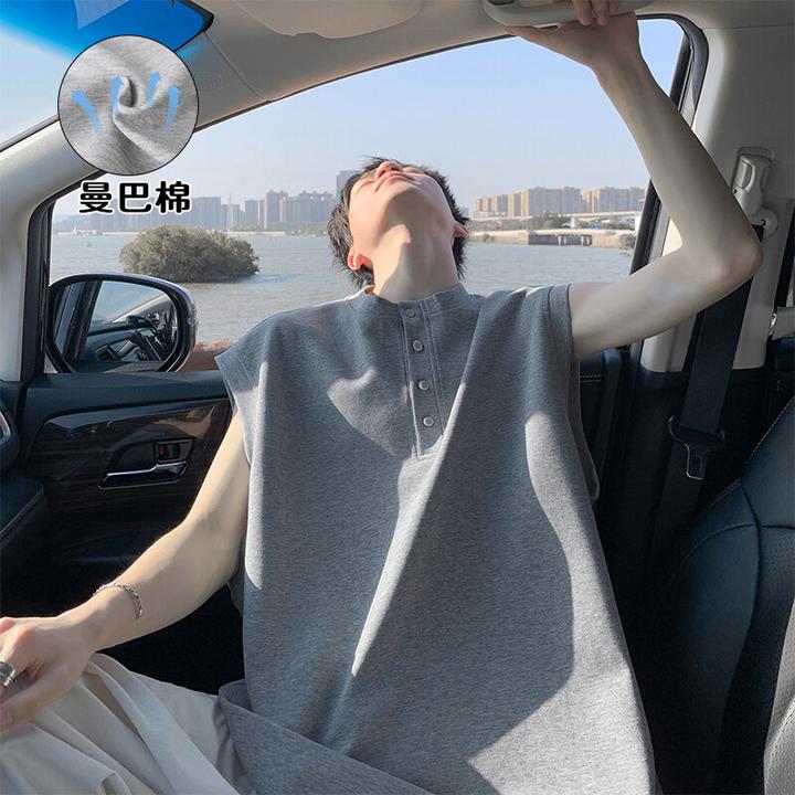 半纽扣亨利领运动坎肩背心男款夏季少年感纯色极简风休闲无袖T恤