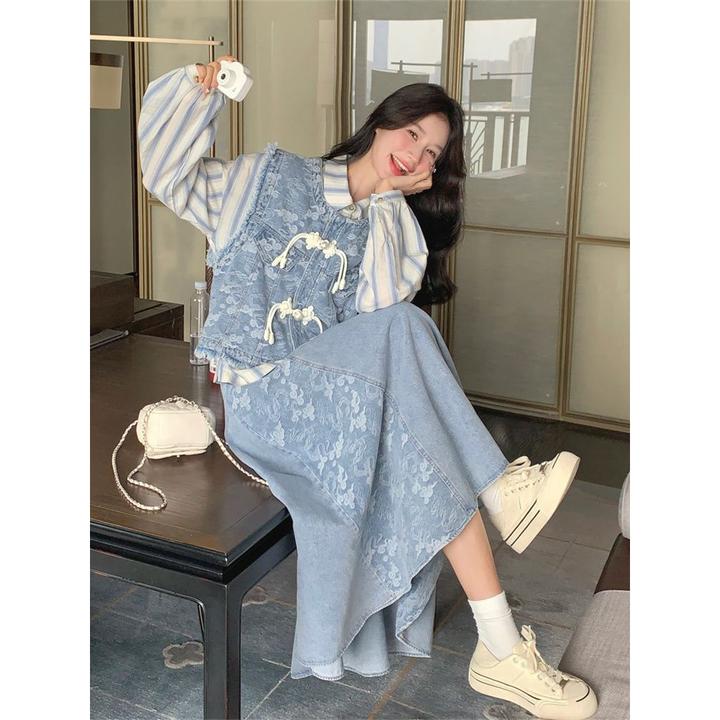 新中式国风牛仔套装裙女春秋2024新款马甲条纹衬衫半身裙三件套潮