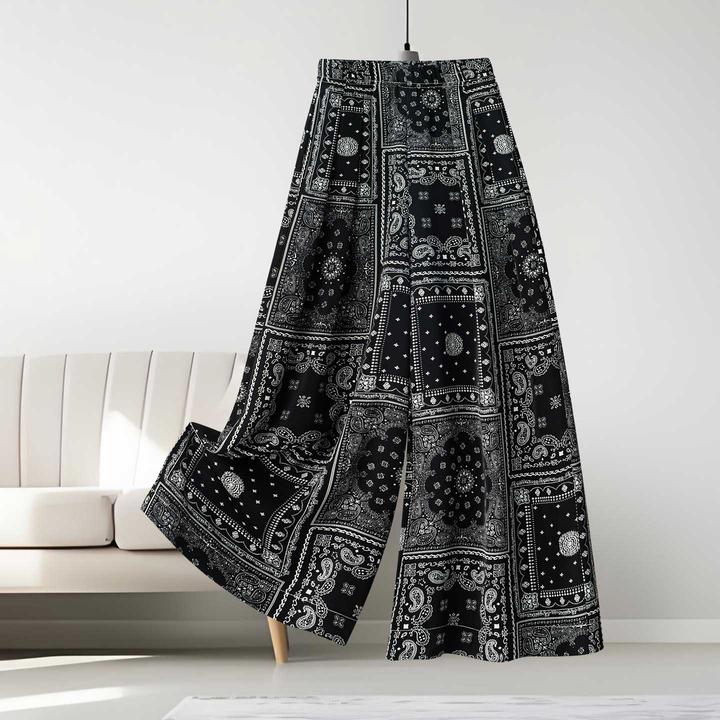 复古腰果花冰丝印花裙裤女夏季薄款2025新款松紧腰九分休闲阔腿裤