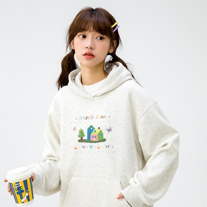 S1N初中生2025韩系薄绒趣味印花学院风连帽卫衣C25CW1192W
