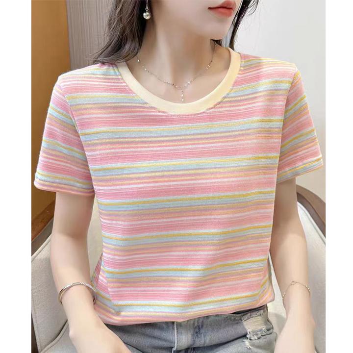 9121#彩虹条纹短袖t恤女夏季新款粉色显瘦多巴胺正肩上衣圆领体恤