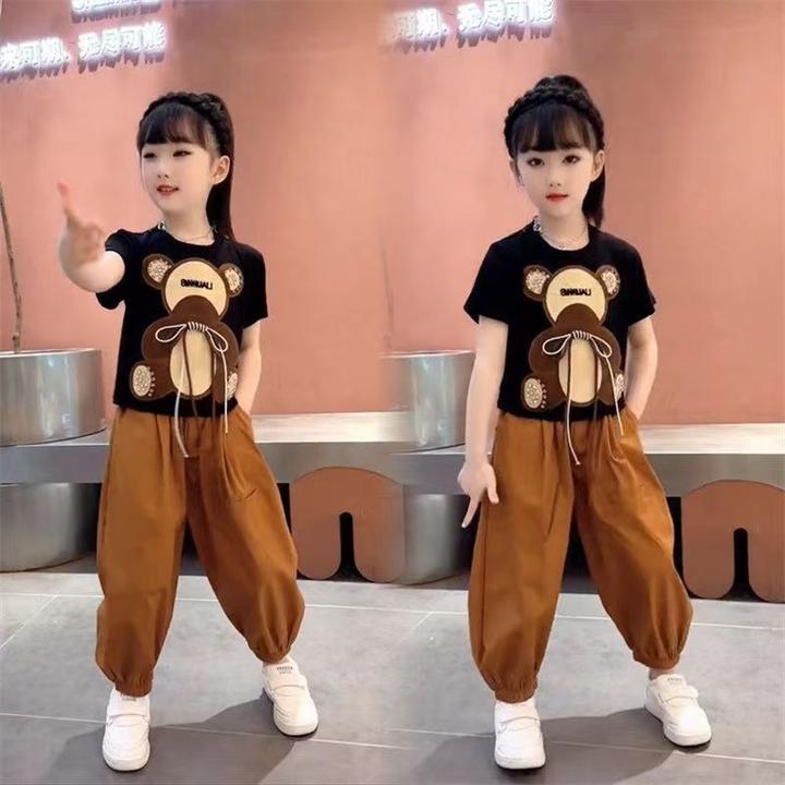 新款宝宝原版量女童夏装网红洋气卡通小熊韩版时髦大童宽松阔腿裤