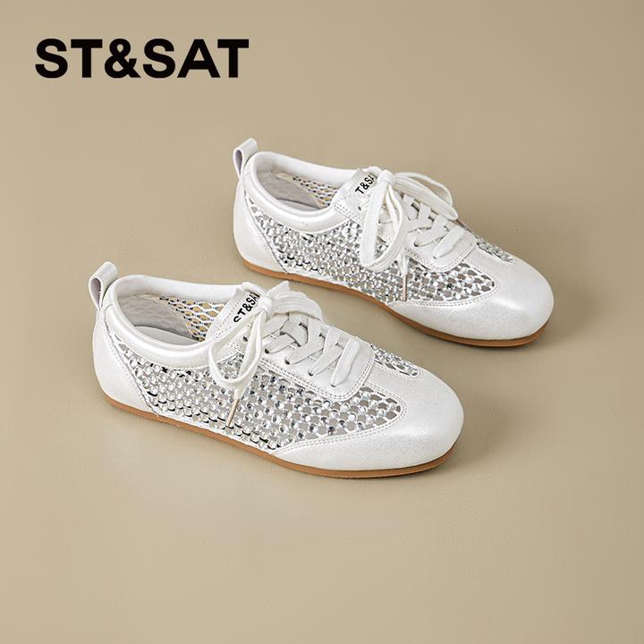 星期六镂空银色德训鞋女士2025新款夏季小白鞋透气网孔小个子板鞋