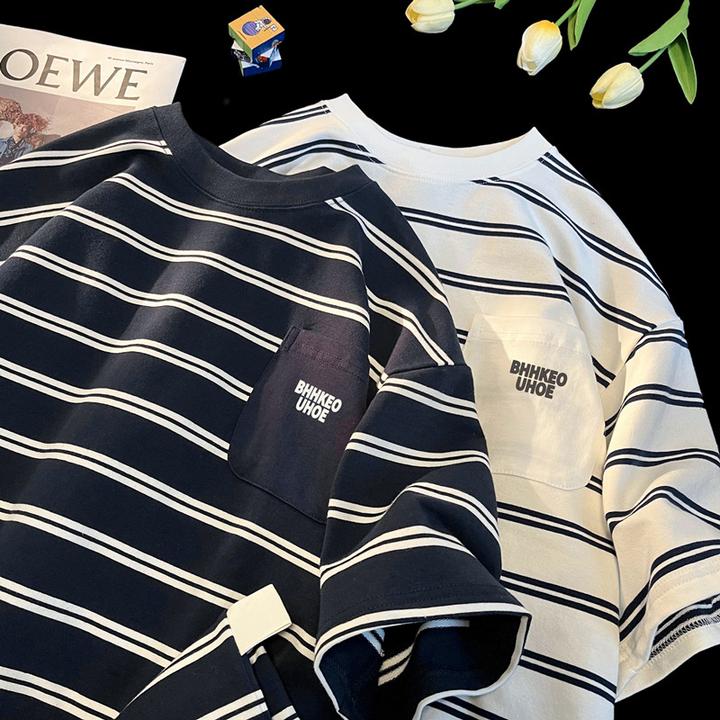 条纹恤男日系潮牌潮流cityboy夏季圆领复古设计感半袖体恤衫BQ