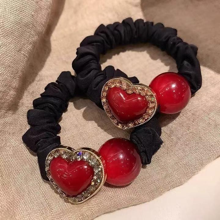 新年韩式新款红色珍珠小肠发圈马尾头绳高级发绳丸子头发发饰