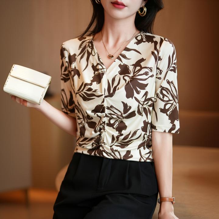 元杉春夏新品女V领真丝针织五分袖T恤大气印花褶皱桑蚕丝套头上衣