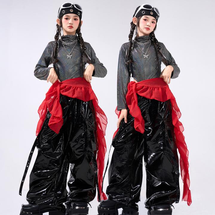 爵士舞服女童时髦高领长袖皮裤舞台走秀服女团jazz街舞韩舞演出服