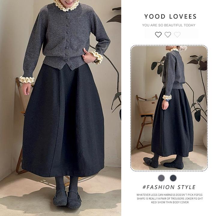 2025秋冬复古撞色花边长袖针织开衫复古花苞半身裙气质休闲两件套