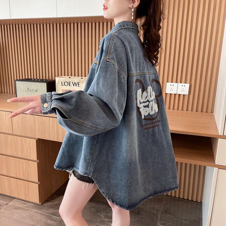 网红宽松衬衣初高中学生洋气牛仔衬衫女春秋中长新爆薄款潮牌外套