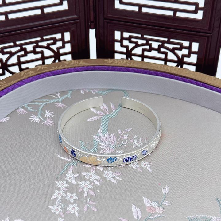 足银手镯 福字珐琅银9999银手镯开口古法开口国风小众高级感轻奢