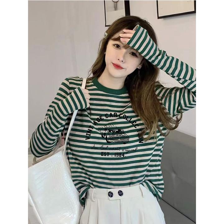 2025新款条纹上衣长袖t恤女秋装衣服宽松休闲体恤内搭外传打底衫