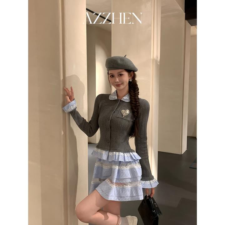 （七夕新款）AZZHEN【航海韵律】清新学院风条纹拼接开衫AZ5EZS11-00