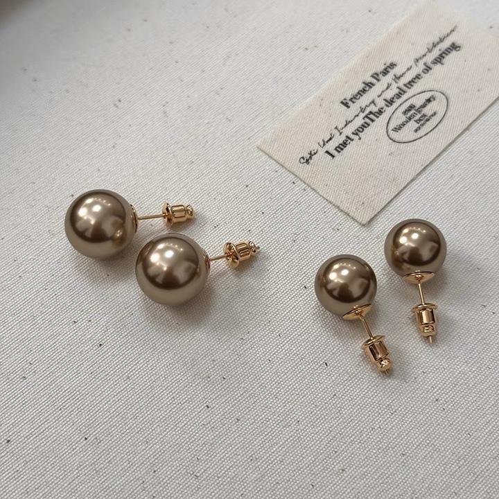 黄铜耳饰 美拉德风摩卡金棕色珠珠耳钉高级感秋冬耳环轻奢耳饰