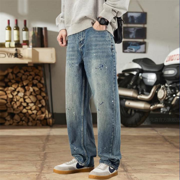 油漆点泼墨牛仔裤男士直筒裤秋季新款潮牌宽松大码高端痞帅长裤子