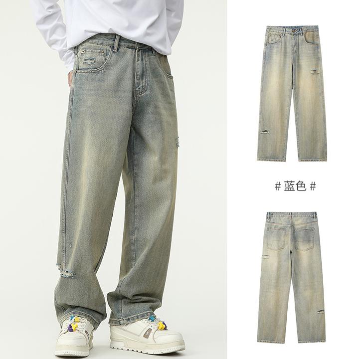 美式高街黄泥染水洗牛仔裤男生街头韩版潮牌宽松直筒痞帅破洞长裤