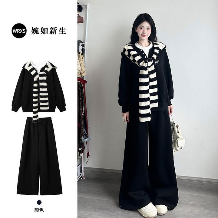 2025早秋黑色带披肩长袖卫衣女套装慵懒风宽松休闲运动三件套