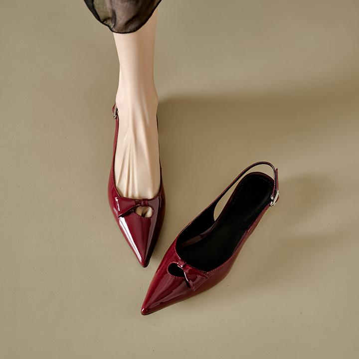 法式通勤漆皮蝴蝶结显瘦尖头后空单鞋一字带粗跟包头罗马凉鞋女夏